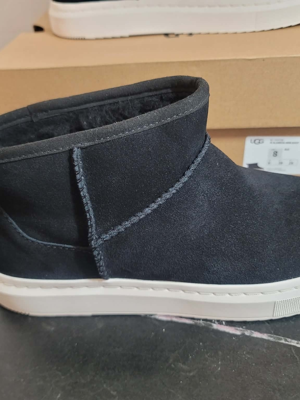 UGG Womans Black Suede Ankle Boot with White Sole